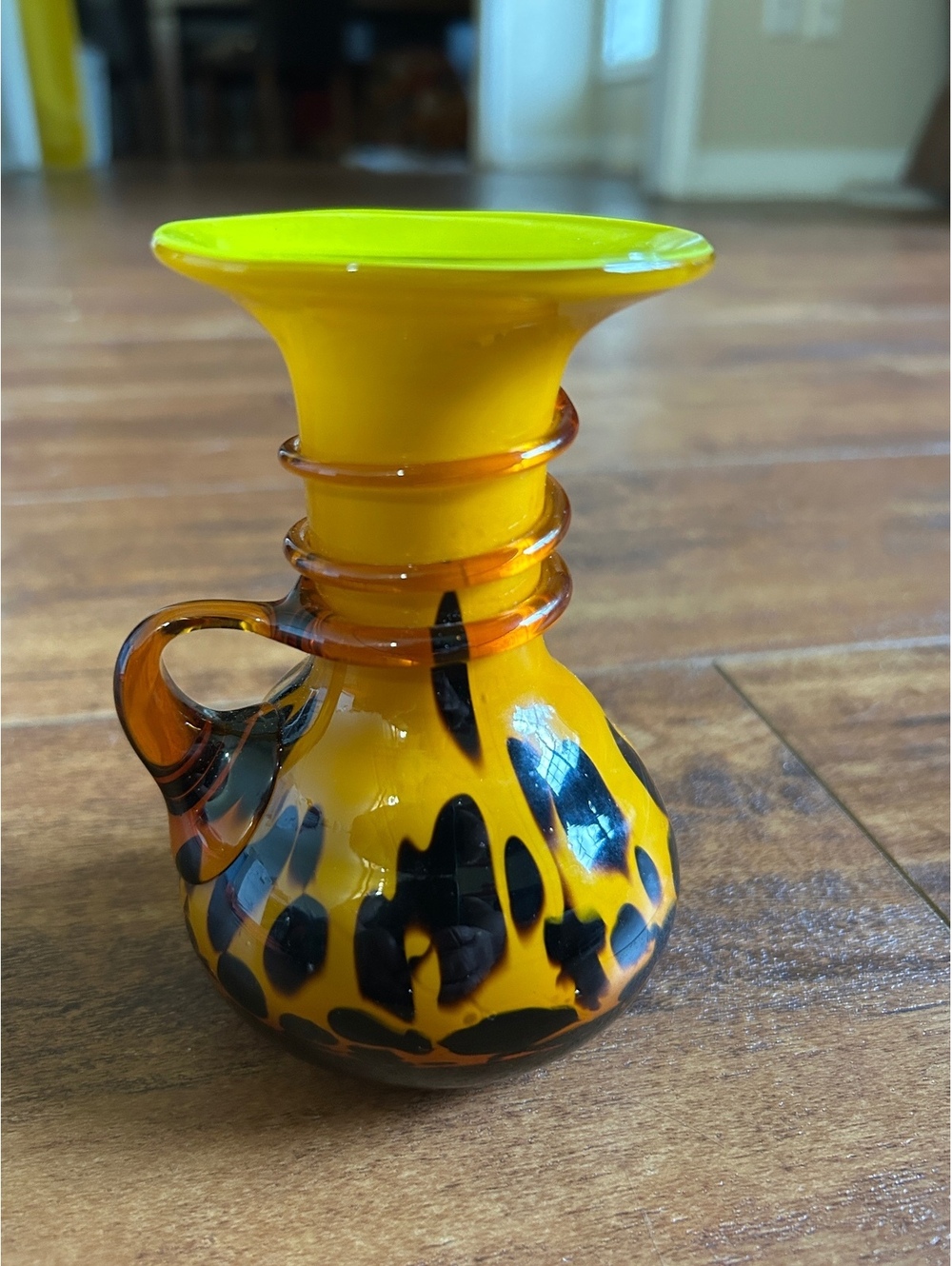 Small Yellow and Black Art Glass Vase with Handle